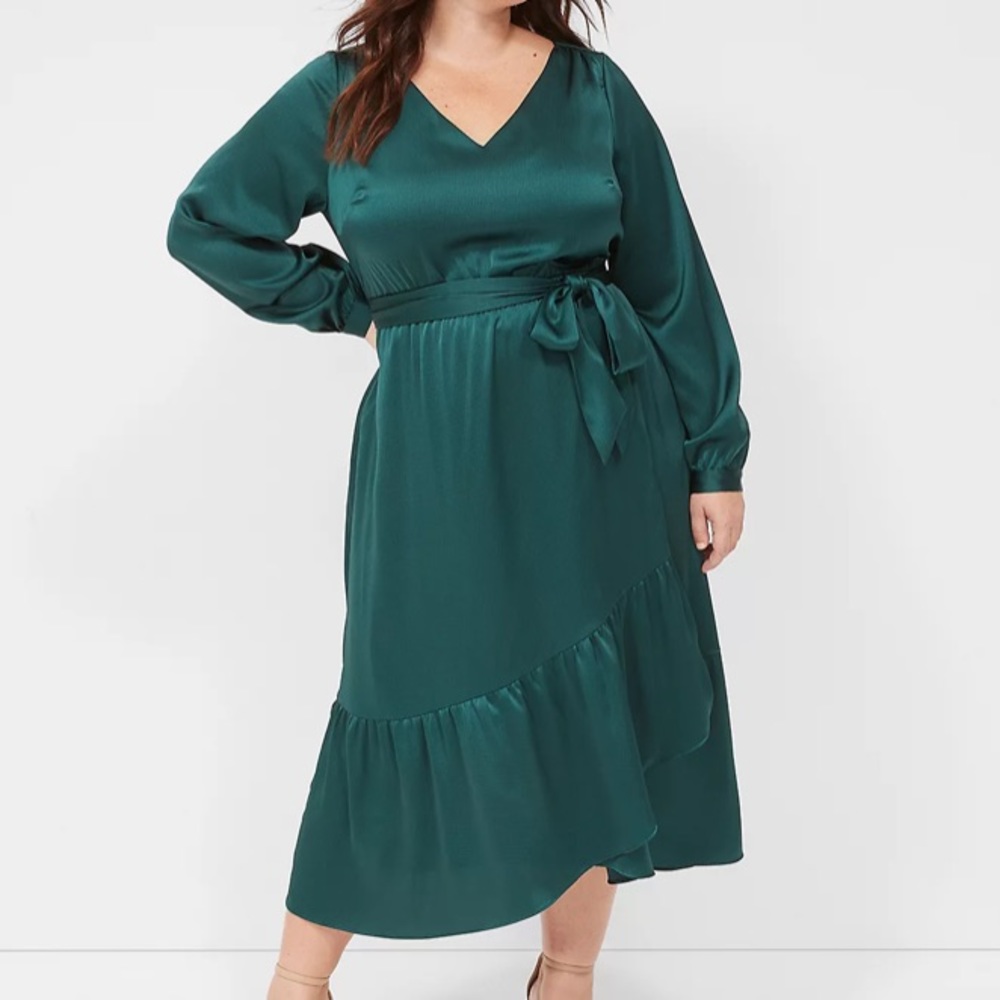 Green Long Cuffed Sleeve Tiered Wrap Midi